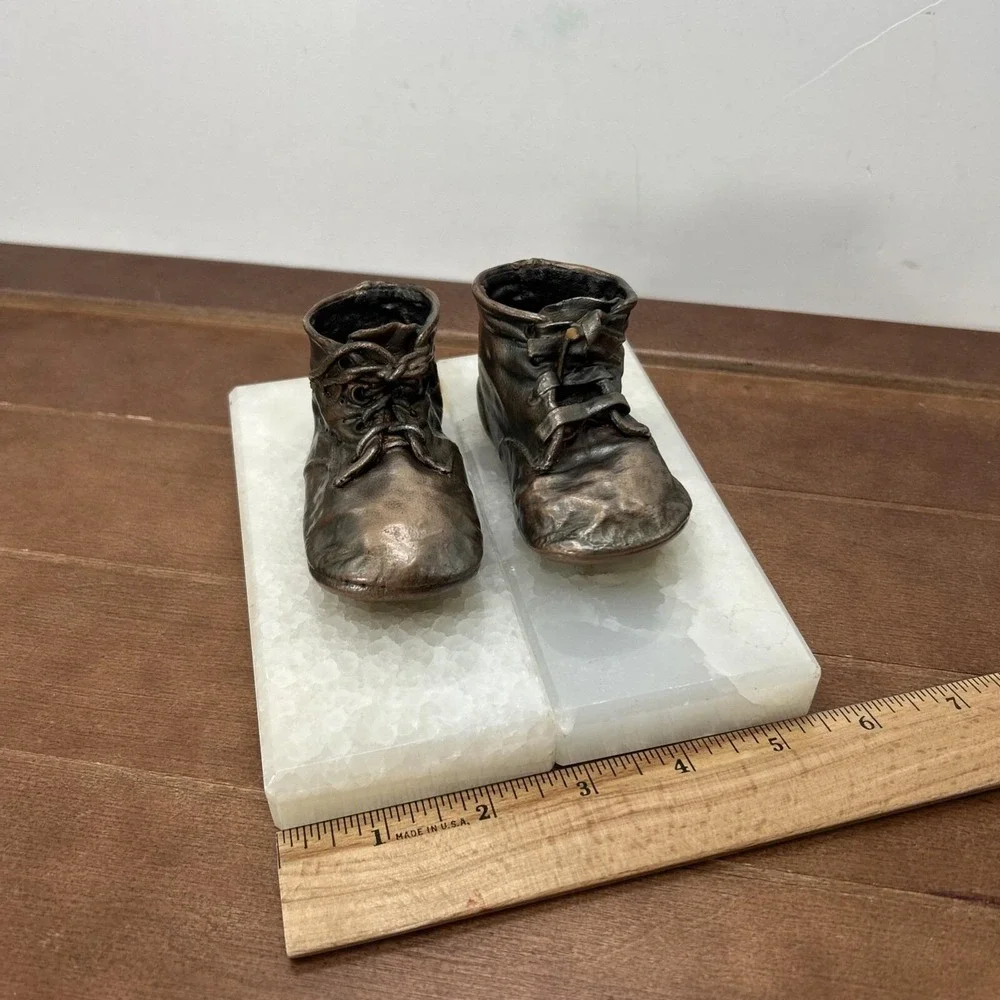 Vintage Copper Baby‎ Toddler Shoes Bookends Paperweight Marble Base
